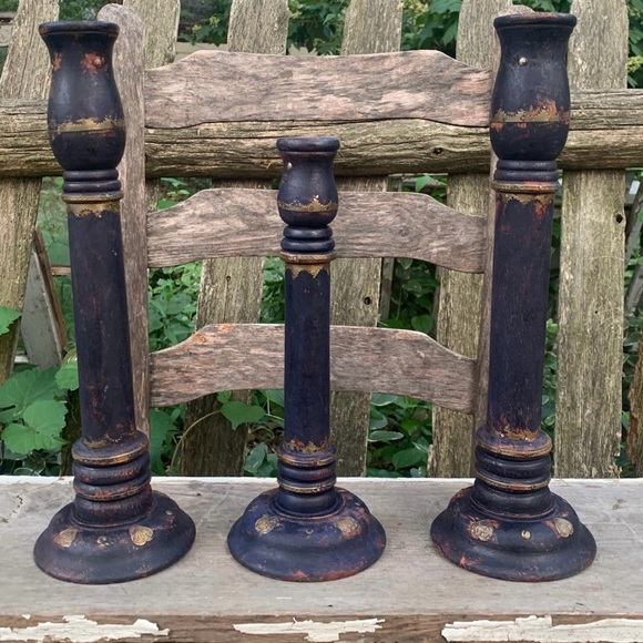 Three Wood Metal Distressed Candlesticks - Picture 5 of 9